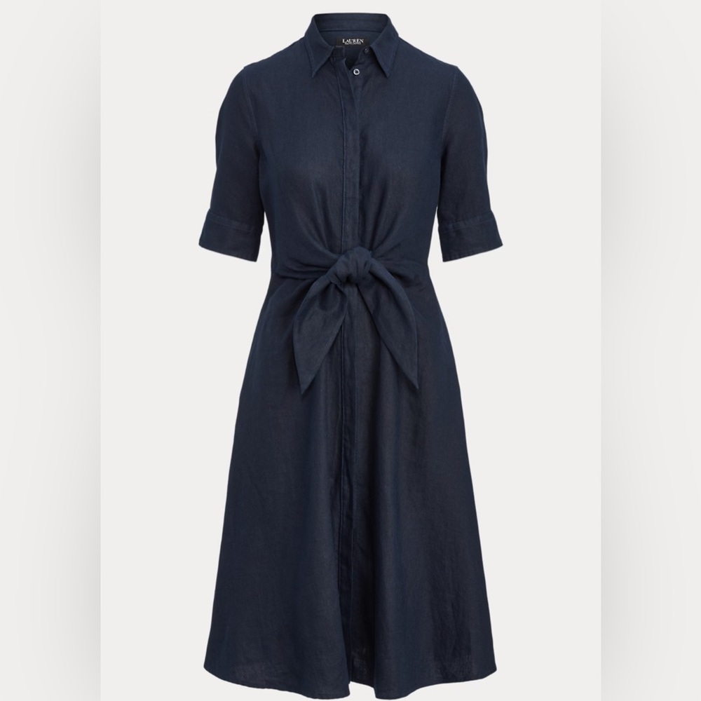 Ralph Lauren tie front linen shirt dress navy blue size 8